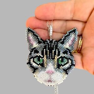 Handcrafted brickstitched leather backed tuxedo tabby cat face portrait necklace